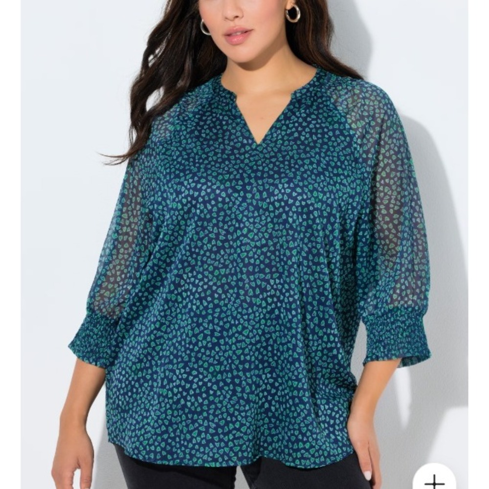 Ulla Popken Women 24/26 Heart Print Layered Blouse Top Blue Green Split Neck